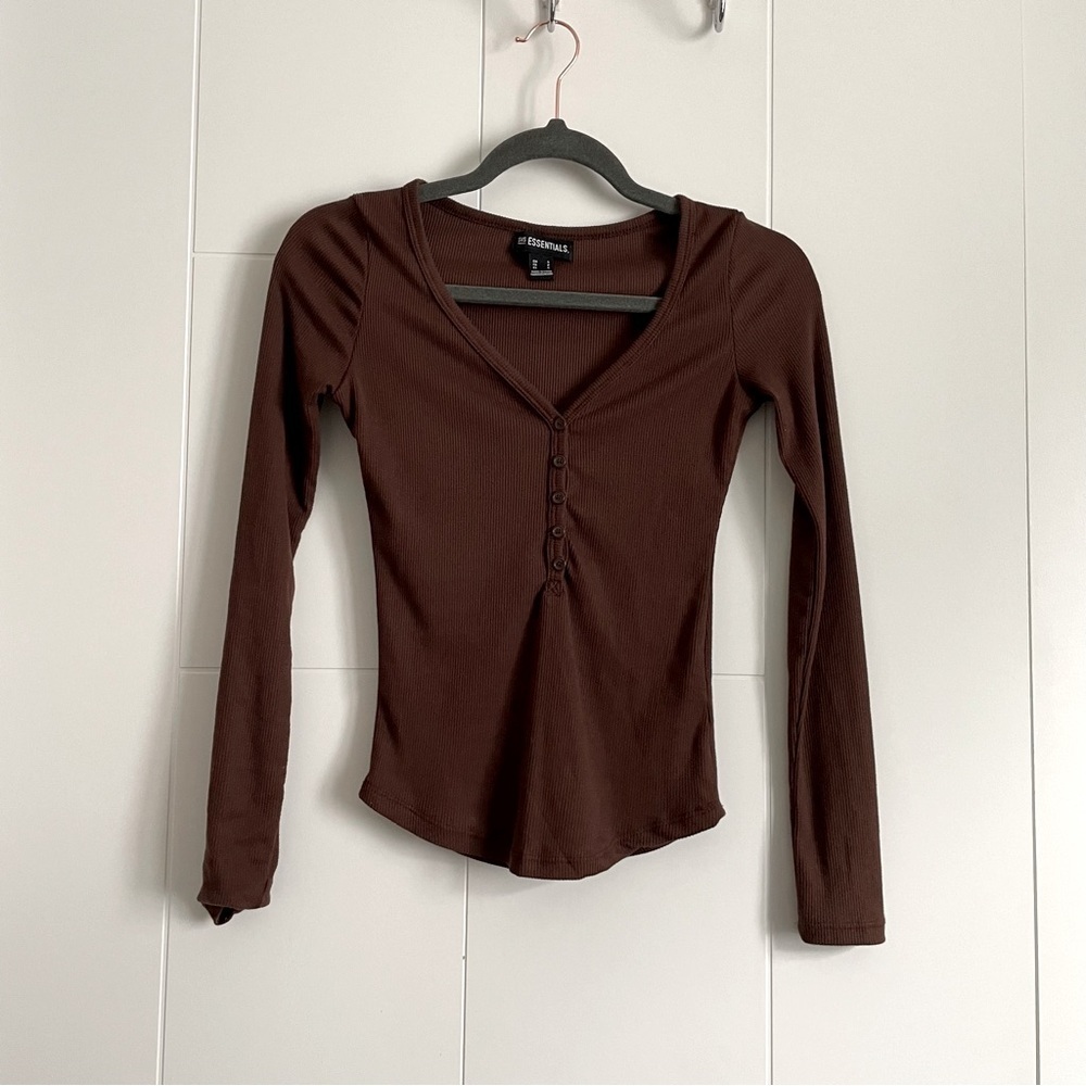 3/$45 Coffee Brown V neck Henley Longsleeve Top